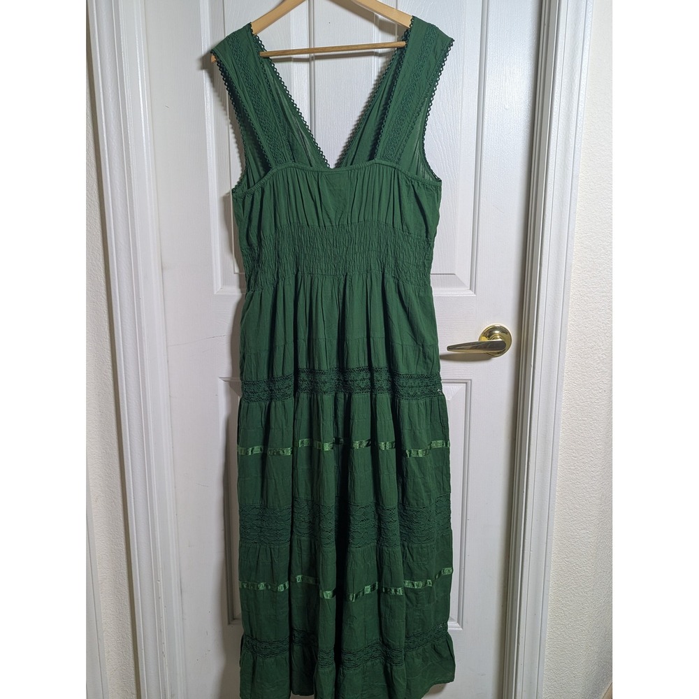 HolyClothing Green Cotton Lace Tiered Maxi Dress Smocked Waist Renaissance 2X - Picture 6 of 12